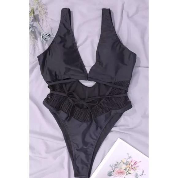 Swimsuit Black Mesh Cut Out Lace Up One Piece Swimsuit - Picture 4 of 5